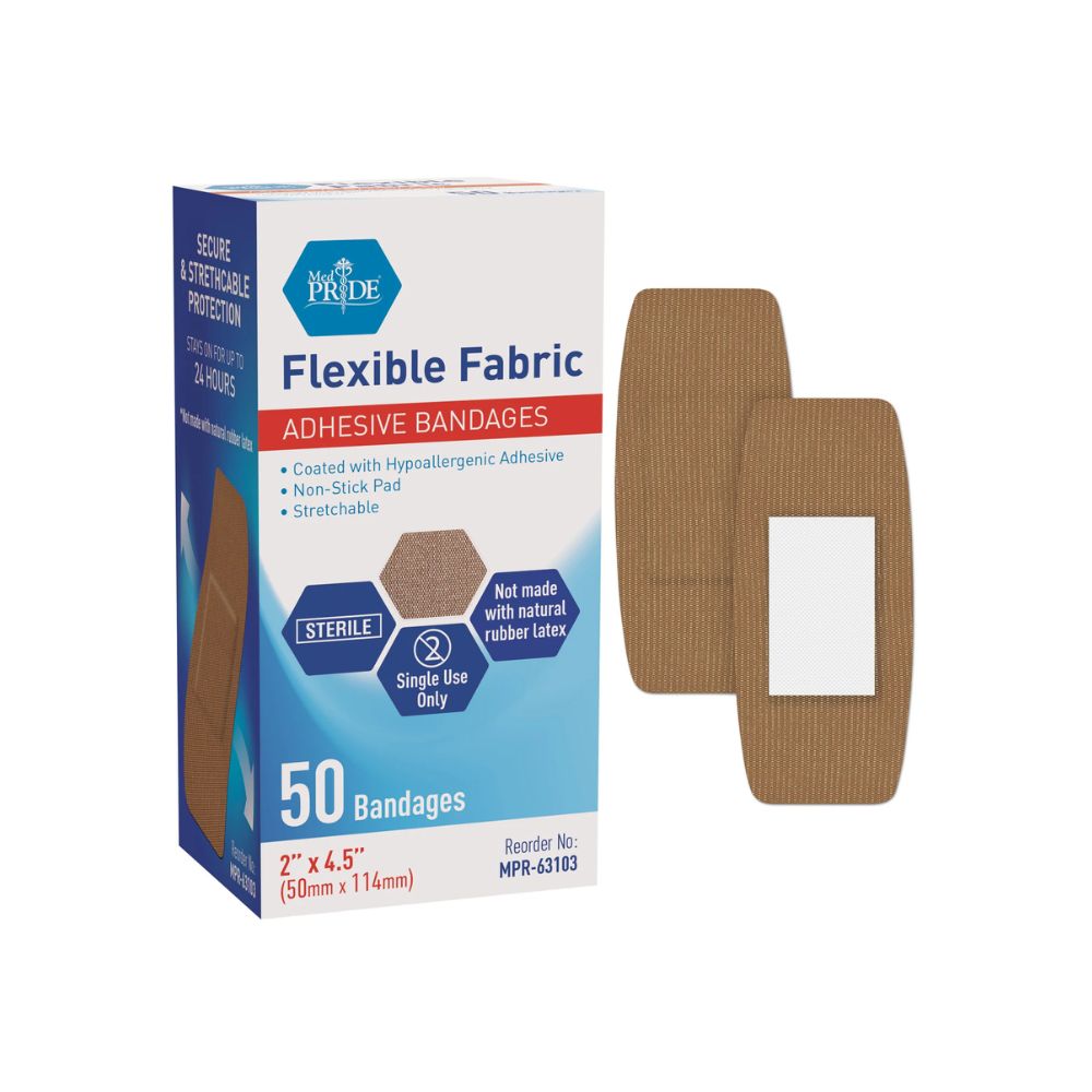 Shield Line MedPride Sterile Fabric Adhesive Bandages, featuring hypoallergenic adhesive, non-stick pad, and stretchable, sterile fabric; includes 50 first aid bandages in sizes 3/4" x 3", 1" x 3", and 2" x 4.5".