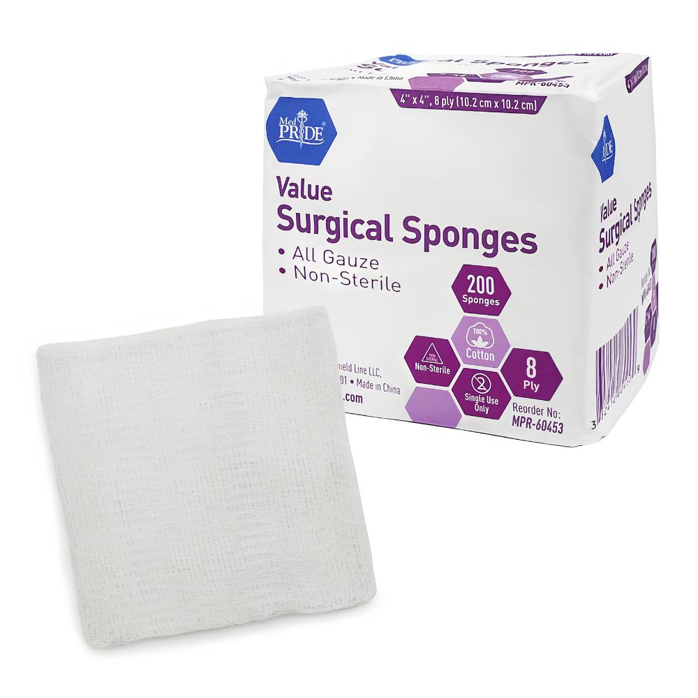 A box of Shield Line MedPride Value Gauze Surgical Sponges – Non-Sterile is shown with a single white sponge in front. The package contains 200 all-gauze, 8-ply sponges, each 4x4 in (10.2 cm x 10.2 cm), ideal for wound care.