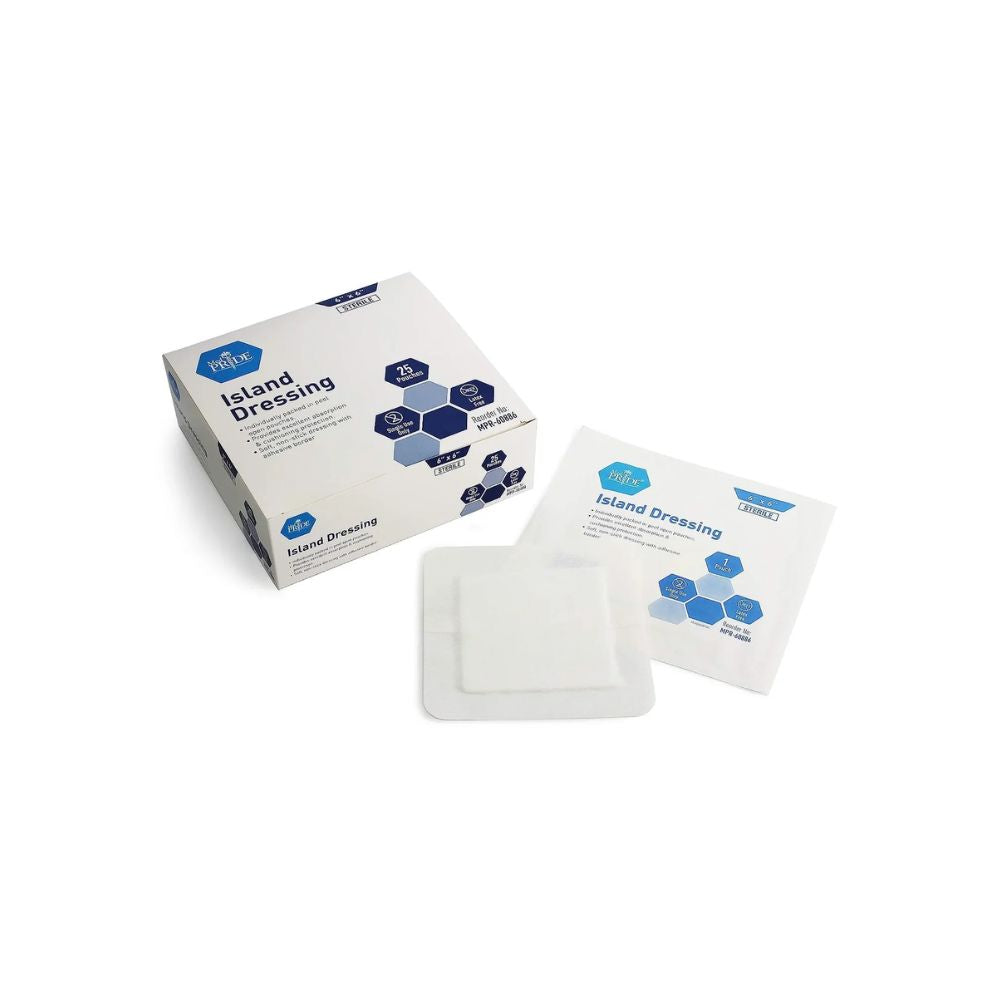 A Shield Line Medpride Gauze Island Dressing box is shown, with one sterile adhesive wound dressing (available in 2"x3.5", 4”x4", 6”x6”, and 6”x8”) unpackaged to reveal a white rectangular pad and one still in its individual wrapper on a white background.