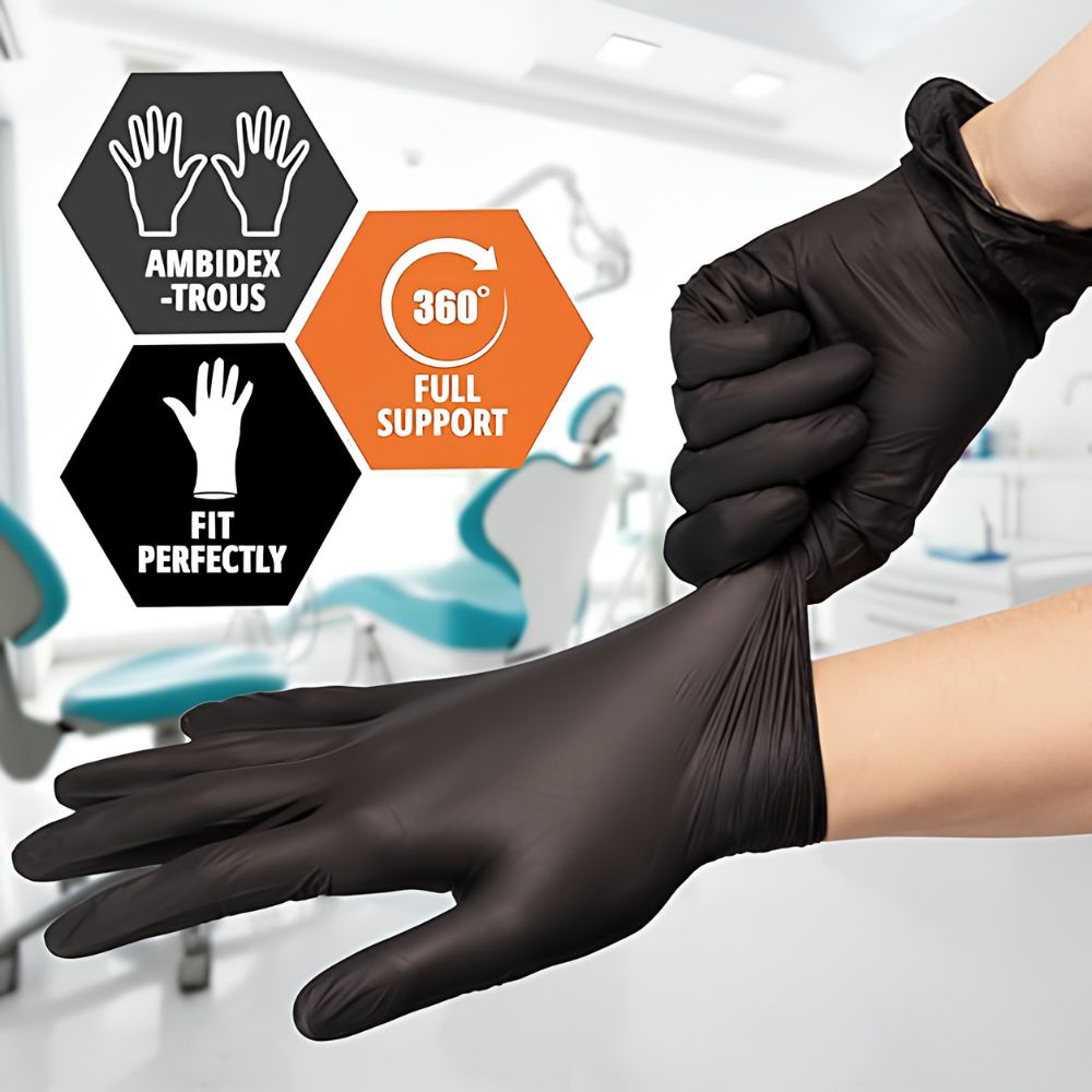 In a dental clinic, someone wears Shield Line MedPride Black Vinyl Nitrile Gloves—4 mil thick, non-sterile, powder free—highlighting ambidextrous fit, perfect fitting, and 360° support. Dental chairs and equipment appear in the background.
