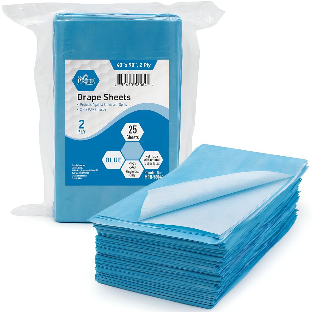 The Shield Line MedPride Disposable Drape Sheets, Blue & White (25 sheets, 40 x 90), offer hygienic protection and help guard against stains and spills.