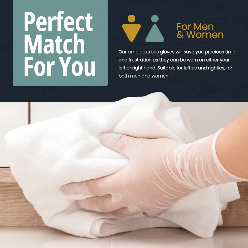 A hand in Shield Line MedPride 4 Mil Thick Vinyl Exam Gloves wipes a wooden surface with a white cloth. Text reads: Latex-free, powder free, ambidextrous gloves fit men & women. Icons of a man and woman are displayed.