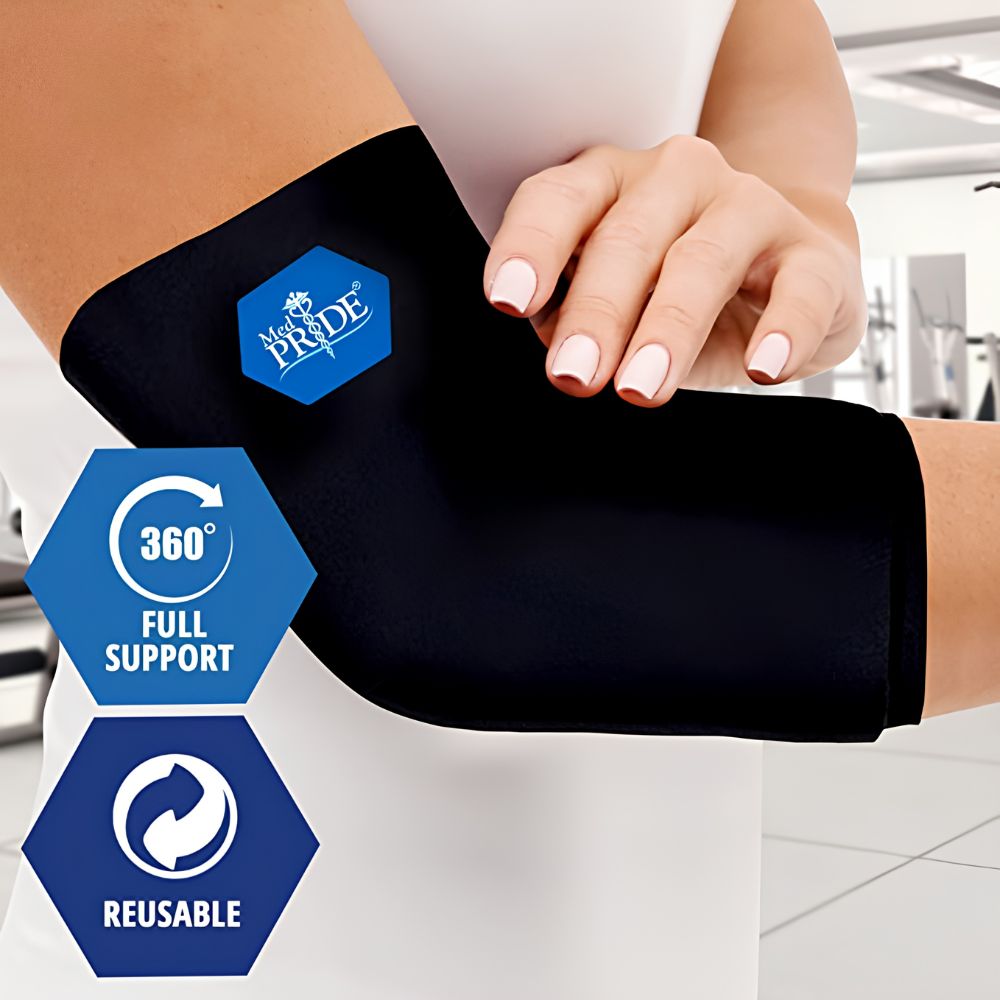 A person wears a black Shield Line MedPride Hot & Cold Gel Compression Sleeve (10.82" x 5.3") on their right arm. Blue icons show 360° Full Support and Reusable features in a bright gym, highlighting pain relief and compression therapy.