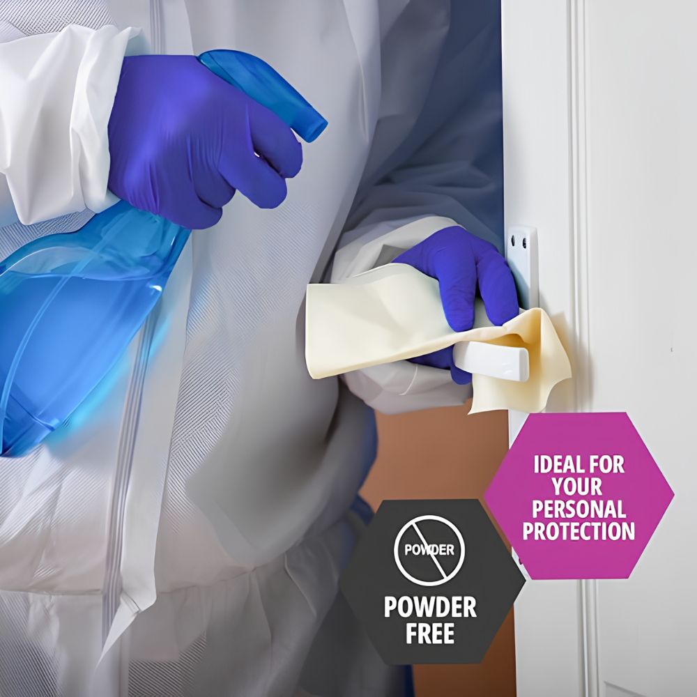Wearing Shield Line MedPride Nitrile Ice Blue Exam Gloves (4.6 mil, powder-free, non-sterile), a person cleans a door handle. Text highlights "Ideal for personal protection," "Powder free," and "Latex-free nitrile exam gloves.