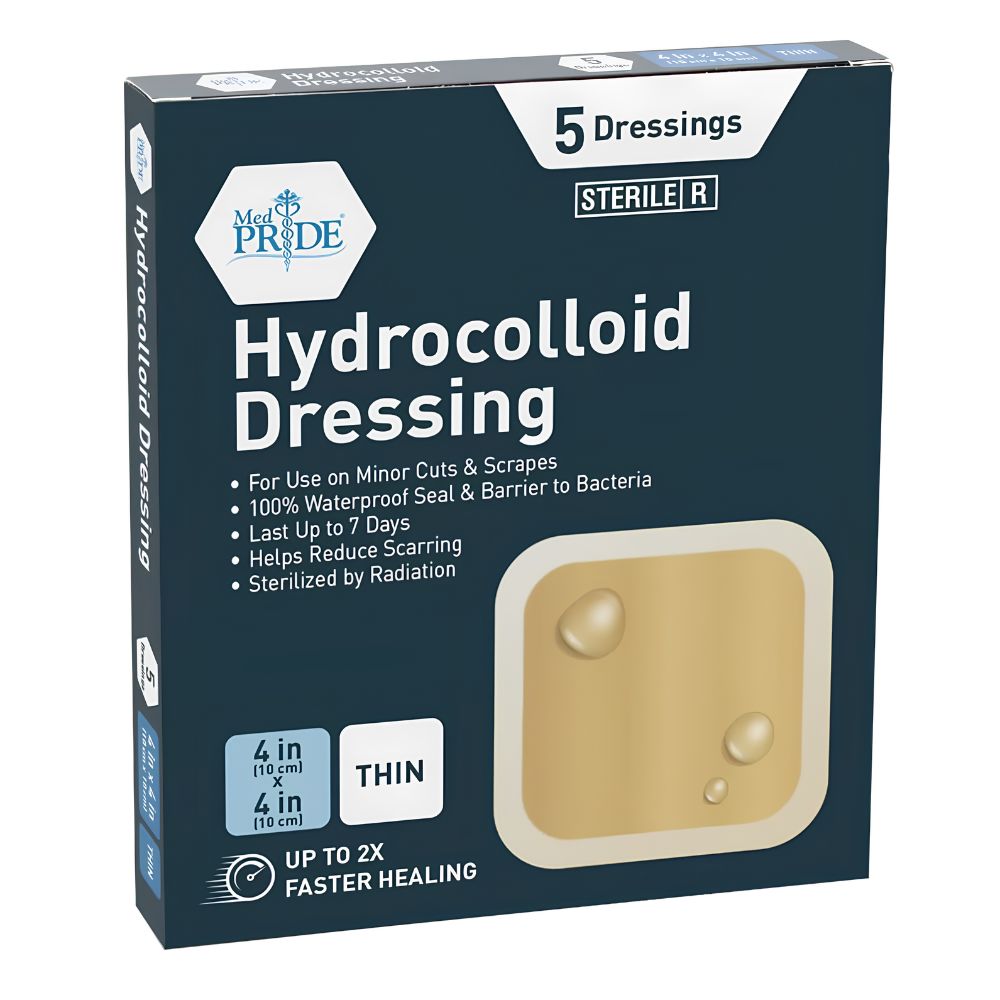Shield Line Medpride Hydrocolloid Wound Dressing Pads, thin sterile adhesive patches (2"x2", 4"x4", 6"x6"), offer advanced wound care with a waterproof seal, up to 7 days use, scar reduction, and radiation sterilization. Box contains 5 pads.