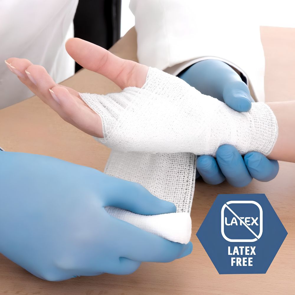 A person wearing blue gloves wraps a Shield Line MedPride Conforming Stretch Gauze Bandage Roll, Sterile, around another person's injured hand. A “Latex Free” label appears in the bottom right corner of the image.