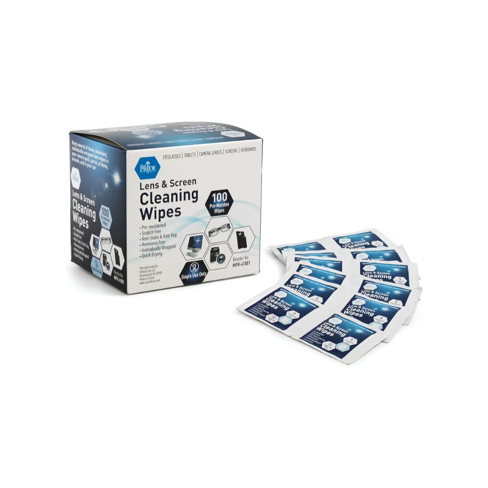 A box of Shield Line MedPride Premoistened Lens Cleaning Wipes (6" x 5", 100 wipes) is displayed, with individual packets in front, offering streak-free cleaning for screens and lenses on a white background.