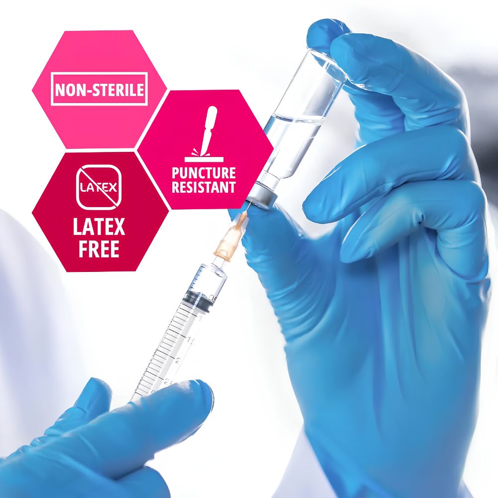 A close-up of gloved hands drawing liquid into a syringe, with icons showing that Shield Line MedPride Nitrile Exam Gloves are 4.3 mil thick, non-sterile, powder free, latex-free, and puncture resistant.