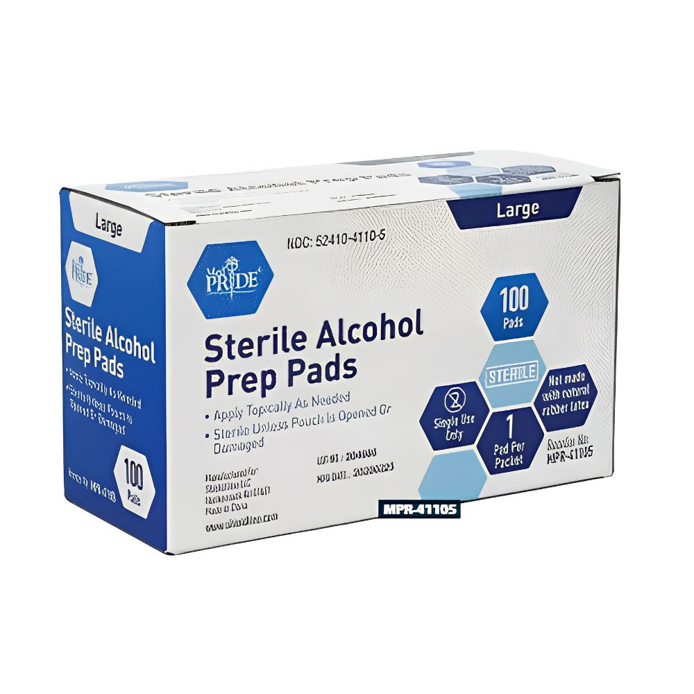 A blue and white Shield Line box labeled MedPride contains 100 large, sterile alcohol prep pads. These individually wrapped antiseptic wipes are designed for topical use and ensure reliable, sterile protection.