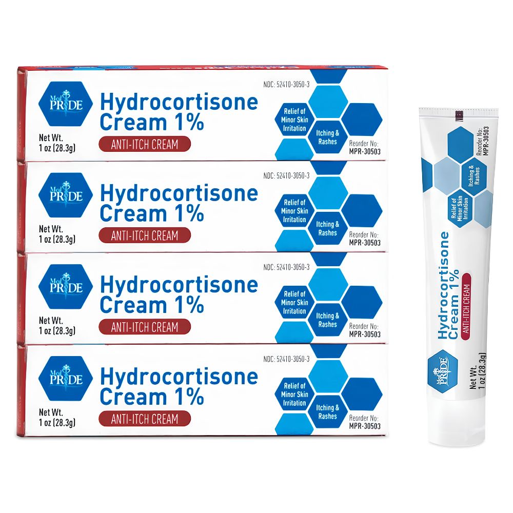 Four boxes and one tube of Shield Line MedPride 1% Hydrocortisone Cream, labeled for eczema relief and minor skin irritation, itching, and rashes. The packaging is white with blue and red accents.