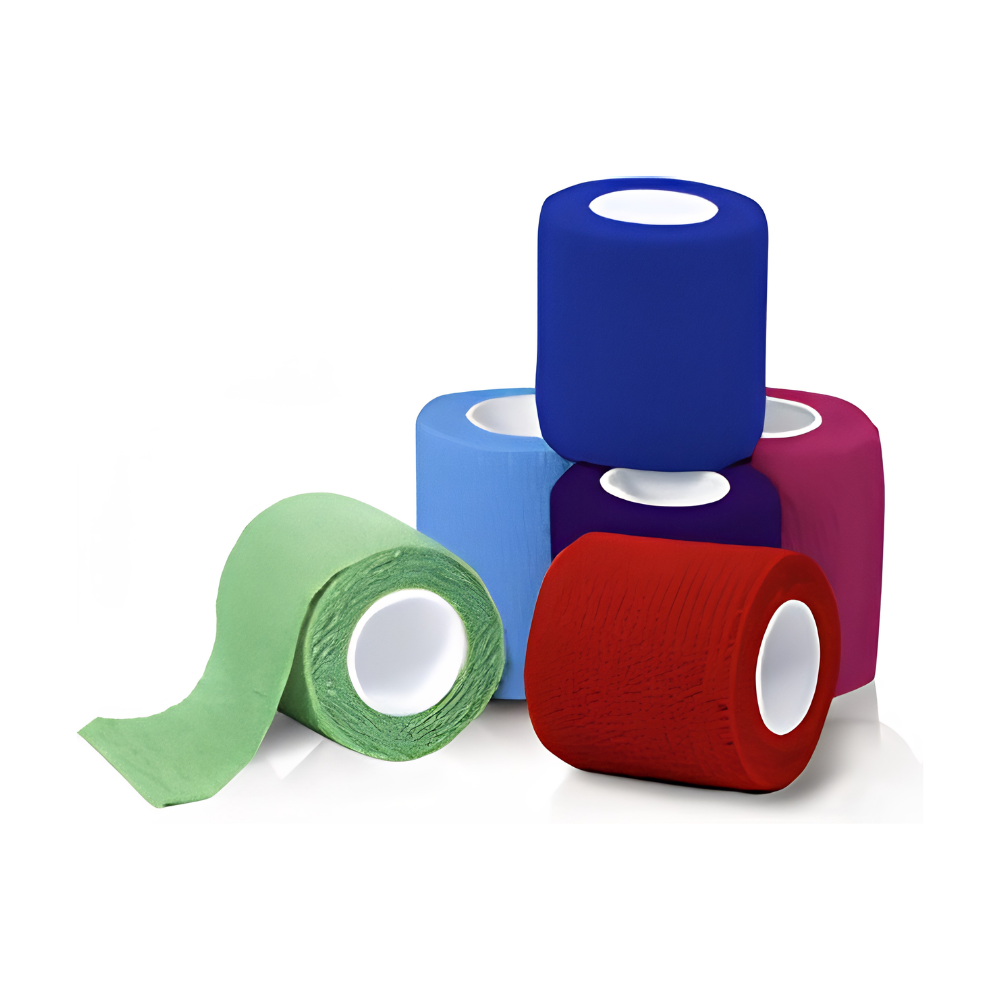 Sixteen rolls of Shield Line Medpride Self-Adherent Wrap, 2"x5 yds. & 3"x5 yds., in rainbow colors are displayed on a white background. One green wrap is partially unrolled, highlighting its latex-free, textured material.