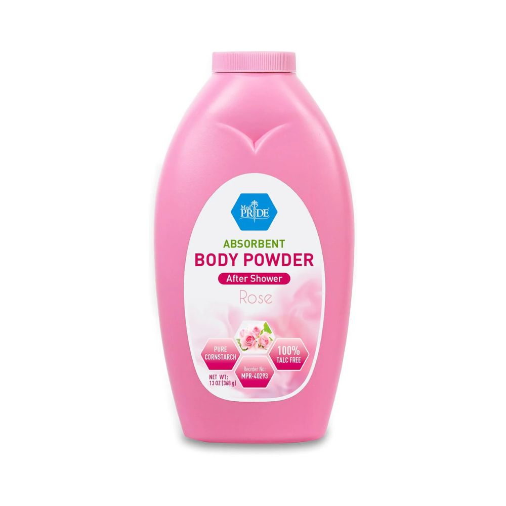A pink 13 oz bottle of Shield Line MedPride Body Powder with seal, labeled After Shower and rose scent, features rose images and details. Offers gentle protection for delicate skin—pure cornstarch and 100% talc-free baby powder.