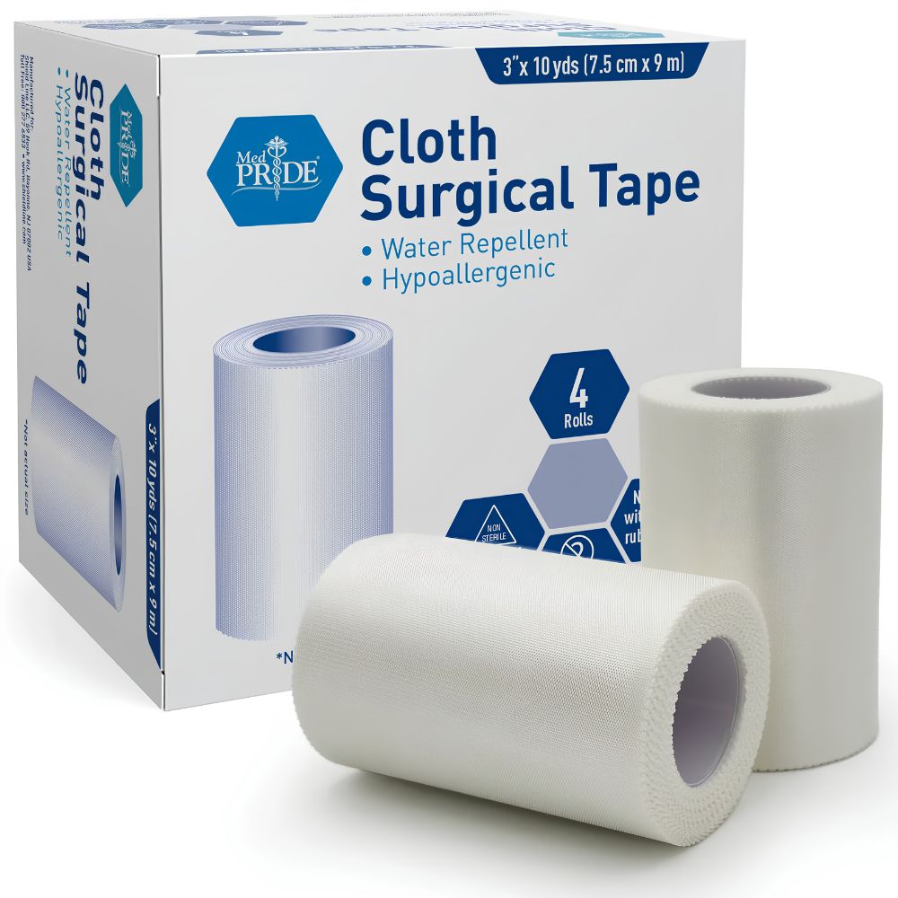 A box of Shield Line MedPride Cloth Surgical Tape is shown with two white rolls in front. This water-repellent, hypoallergenic adhesive tape comes in 4 rolls (1/2", 1", 2", and 3" x 10 yds) and is ideal for wound care needs.