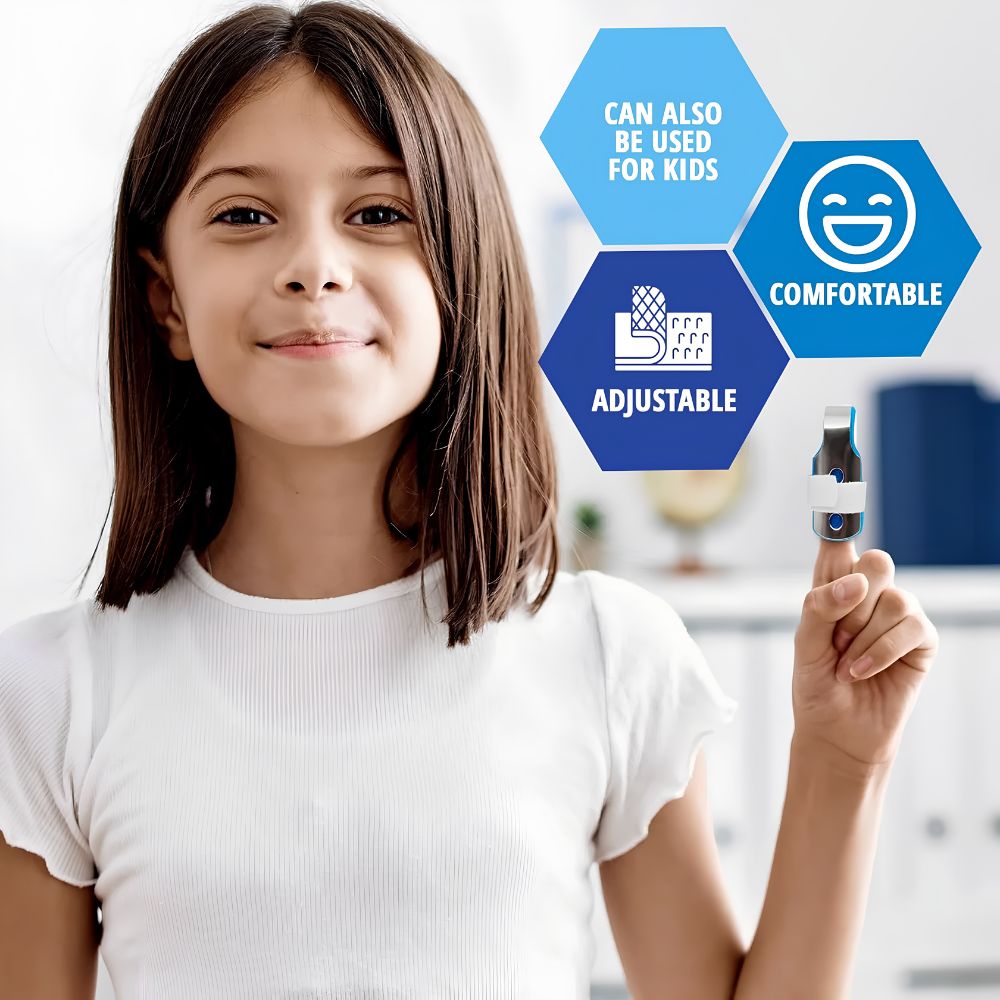 A smiling girl holds up her hand with a Shield Line MedPride Finger Splint. Three blue hexagons read: Suitable for kids, Comfortable (with a smiley face), and Adjustable like a finger splint. Available in S, M, L—3 per pack.