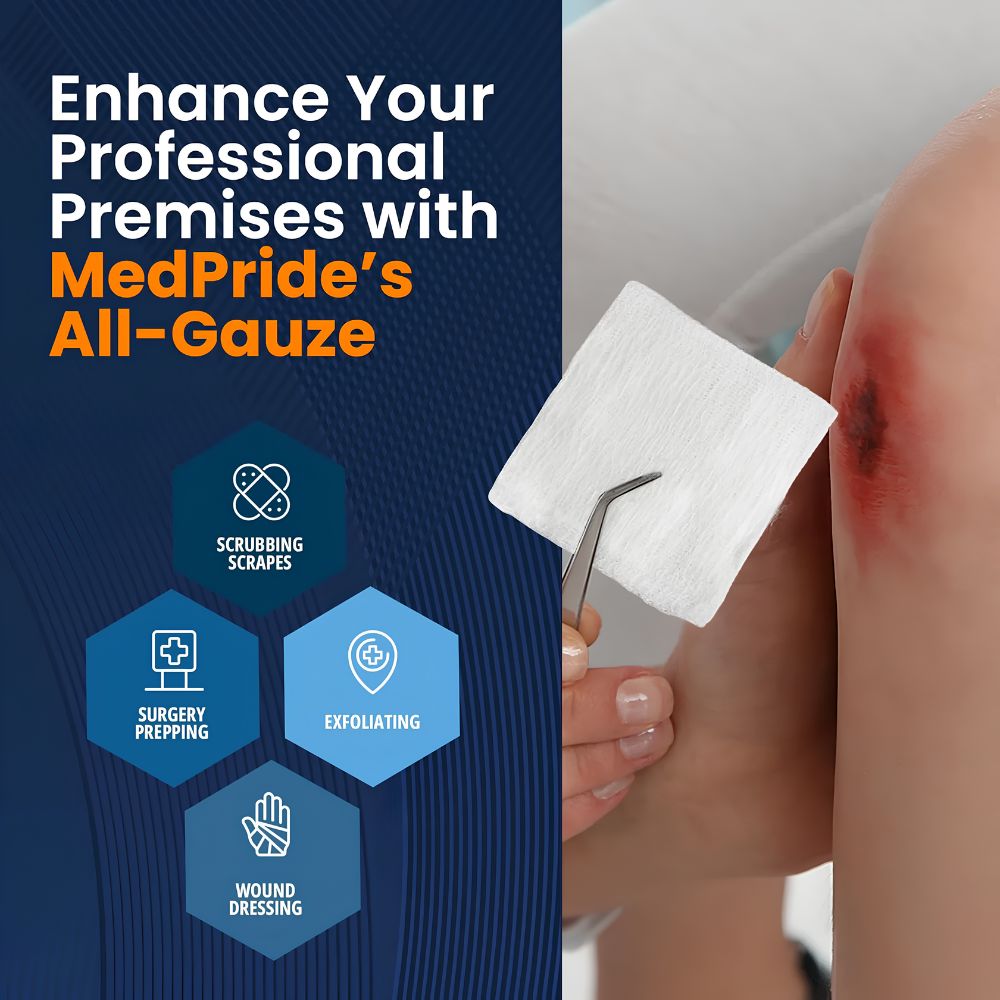 A person uses tweezers to apply a Shield Line Medpride All Gauze Surgical Sponge, 4"x4", non-sterile, to a scraped knee. Text highlights its use for scrubbing scrapes, prep, exfoliation, and wound care on a blue background.