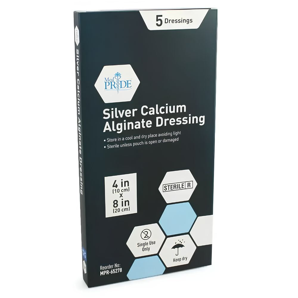 A rectangular Shield Line box labeled “MedPride Silver Calcium Alginate Dressing, 2"x2", 4"x5" & 4"x8"” contains 5 sterile, single-use wound dressings (size: 4"x8") in black packaging with blue/white hexagon icons for keep dry.