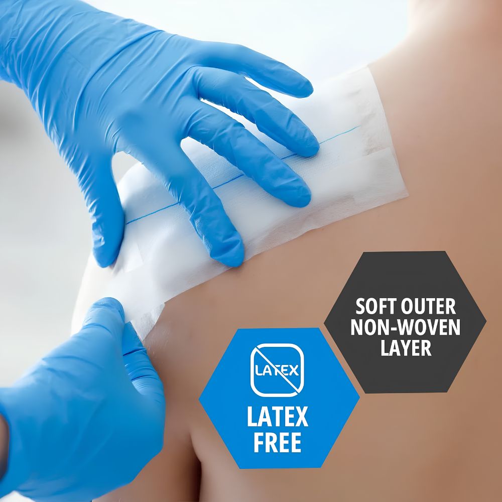 A person wearing blue gloves applies a MedPride Extra Absorbent Abdominal Pad (5x9, Sterile) by Shield Line to another’s shoulder. Overlay reads "Soft outer non-woven layer" and "Latex free" with a crossed-out latex symbol—ideal for wound care.
