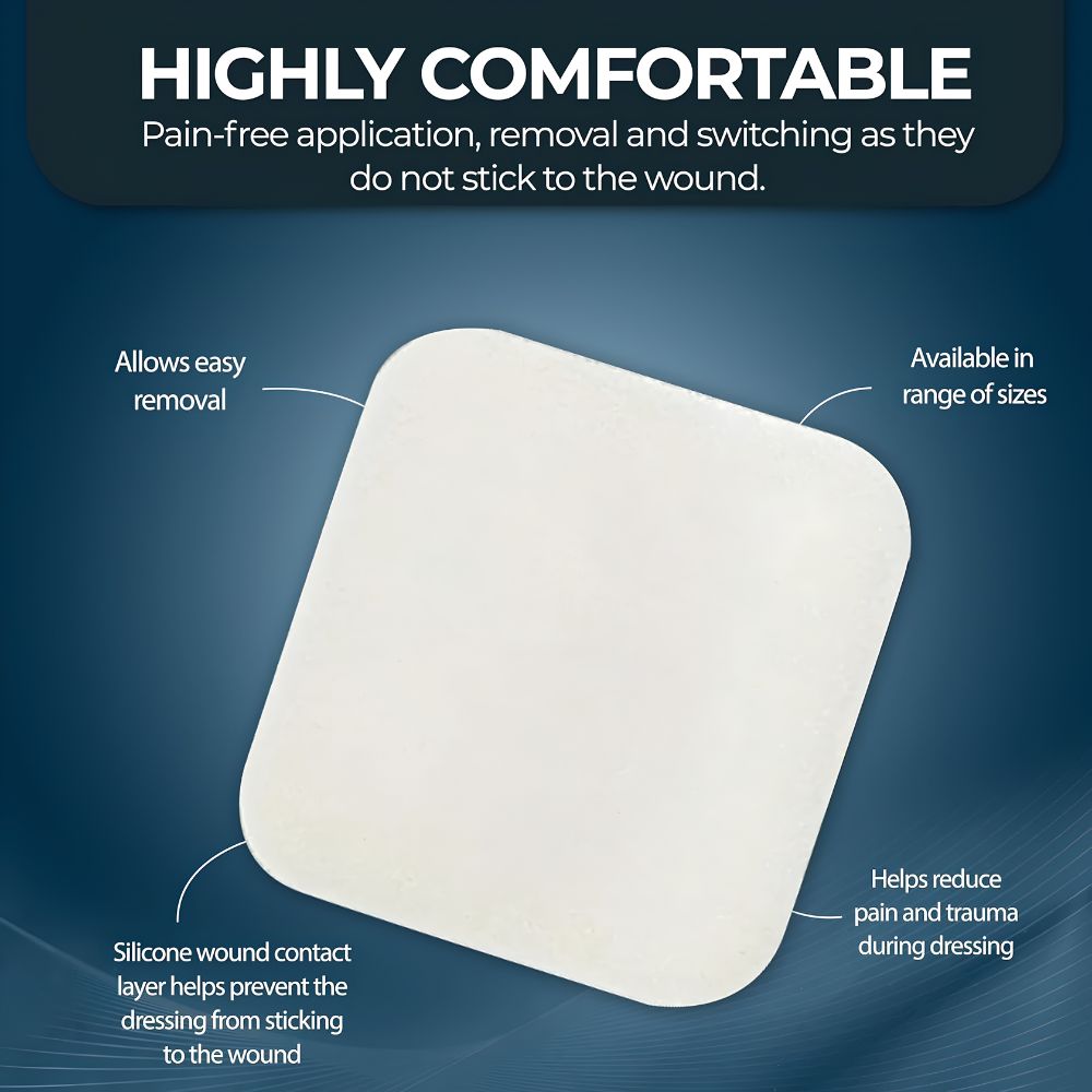 The Shield Line Medpride Foam Dressings (2"x2'', 4''x4.25'', 6"x6") are sterile, hydrophilic, highly absorbent pads that are soft, non-adhesive for easy removal, available in various sizes, and help minimize pain and trauma during dressing changes.