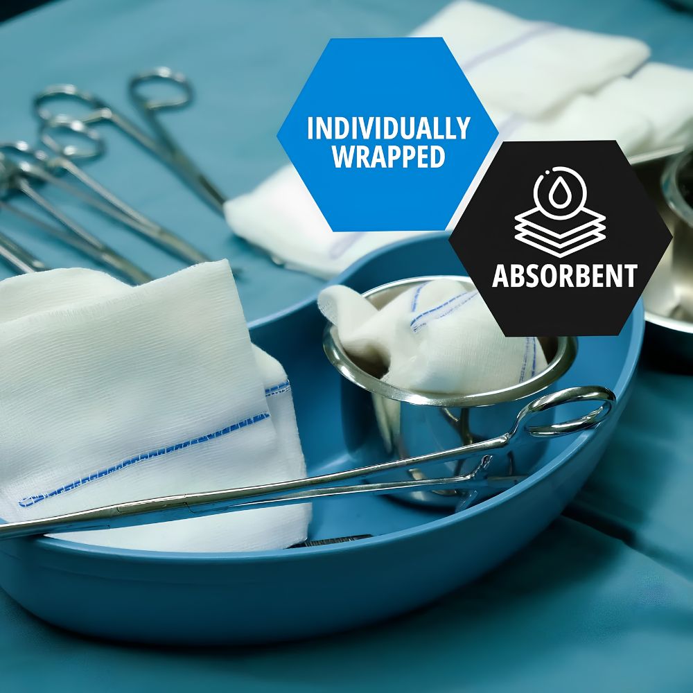 The Shield Line MedPride Extra Absorbent Abdominal Pad 5x9 is shown with metal instruments and gauze pads; hexagon icons read "Individually Wrapped" and "Absorbent," emphasizing these sterile ABD pads for reliable wound care.