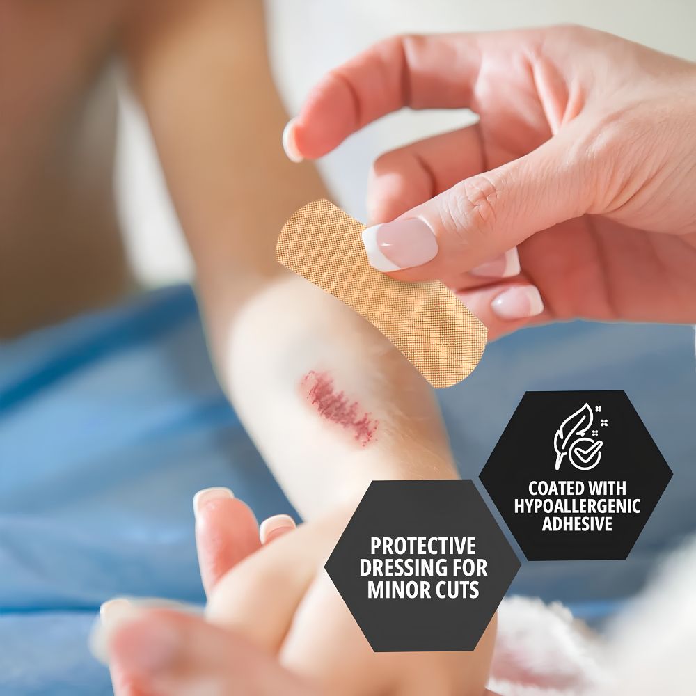 A hand applies a MedPride Sheer Strip Adhesive Bandage by Shield Line to a child’s minor cut. Text reads: Protects wounds with sterile, hypoallergenic adhesive—ideal first aid for small cuts.