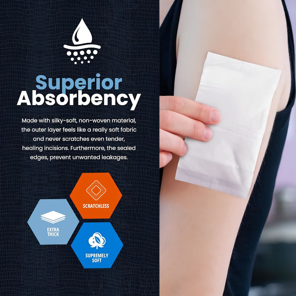 A person applies a large white Shield Line MedPride Sterile Abdominal - ABD Combine Pad (5"x9" or 8"x10") to their upper arm. Text highlights its extra thickness, softness, scratchless comfort, and superior absorbency for heavy draining wounds.