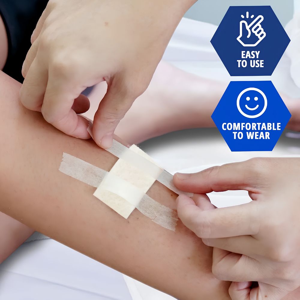 A person’s hands apply a Shield Line MedPride Calcium Alginate Rope Dressing, 3/4"x12", to their leg. Icons show “Easy to Use” and “Comfortable to Wear.” Ideal for wound packing, gentle care of open wounds, burns, ulcers & minor traumas.