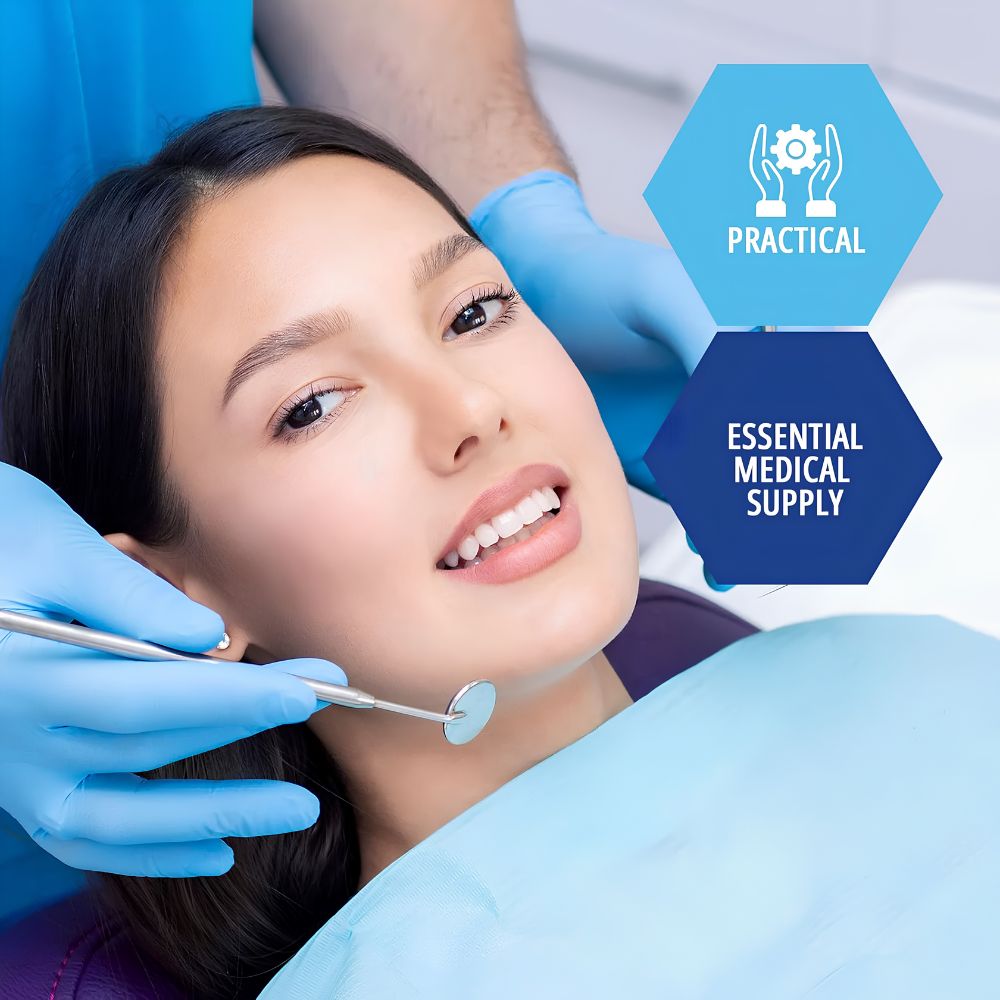 A woman smiles during a dental exam as a dentist uses a mirror, while Shield Line MedPride Disposable Drape Sheets in blue and white provide hygienic protection. Two hexagon graphics read Practical and Essential Medical Supply.