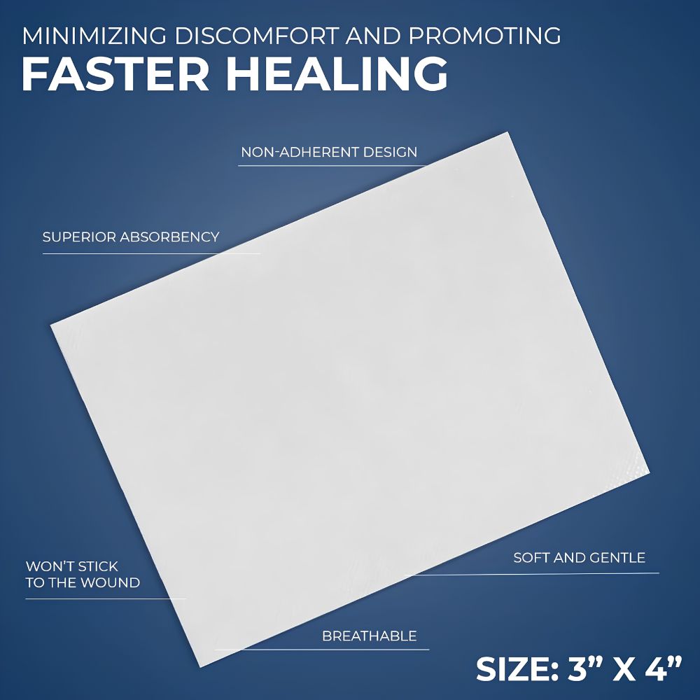 The Shield Line MedPride Sterile Non-Adherent Pad (3"x4") is a white rectangular, highly absorbent, non-stick wound dressing shown on a blue background. Features: superior absorbency, gentle protection, and breathability. Ideal for wound care.