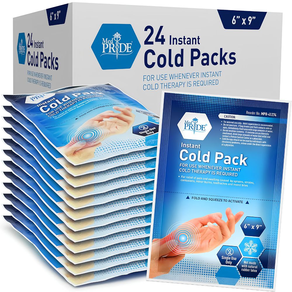 A box of Shield Line MedPride Instant Cold Packs for Injuries & Pain Relief (5"x6" & 6"x9", 24/cs) is pictured with multiple blue-packaged packs fanned out, showcasing easy-use instructions—ideal for fast cold therapy and pain relief.