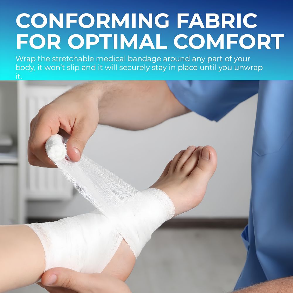 A person in medical scrubs wraps a Shield Line MedPride Conforming Stretch Gauze Bandage Roll around another’s ankle. Text above highlights its conforming fabric for comfort and secure fit—ideal for first aid and wound care.