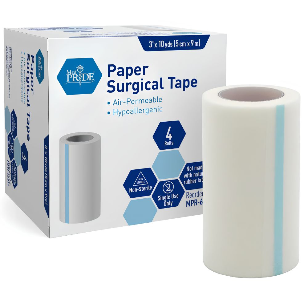 A box of Shield Line MedPride Paper Surgical Tape (1/2", 1", 2", or 3" x 10 yds), air-permeable, hypoallergenic, non-sterile, single use. Contains four white rolls with blue stripes—ideal breathable tape for sensitive skin.