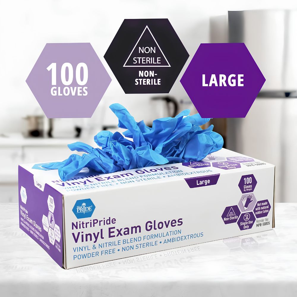 A box of Shield Line MedPride Synthetic Vinyl Exam Gloves 5 Mil Thick, Large, Non-Sterile, Powder Free (100 count) sits on a modern kitchen counter with several blue latex-free gloves pulled out.