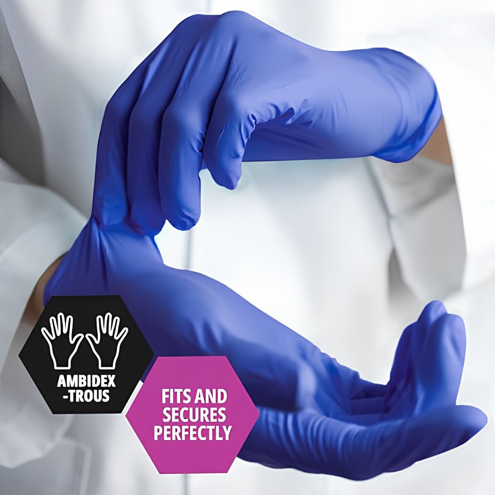 A person in a white coat puts on Shield Line MedPride Nitrile Ice Blue Exam Gloves. Overlay text says AMBIDEXTROUS beside a hand icon and FITS AND SECURES PERFECTLY in a pink hexagon—showcasing these 4.6 mil thick, powder-free gloves.