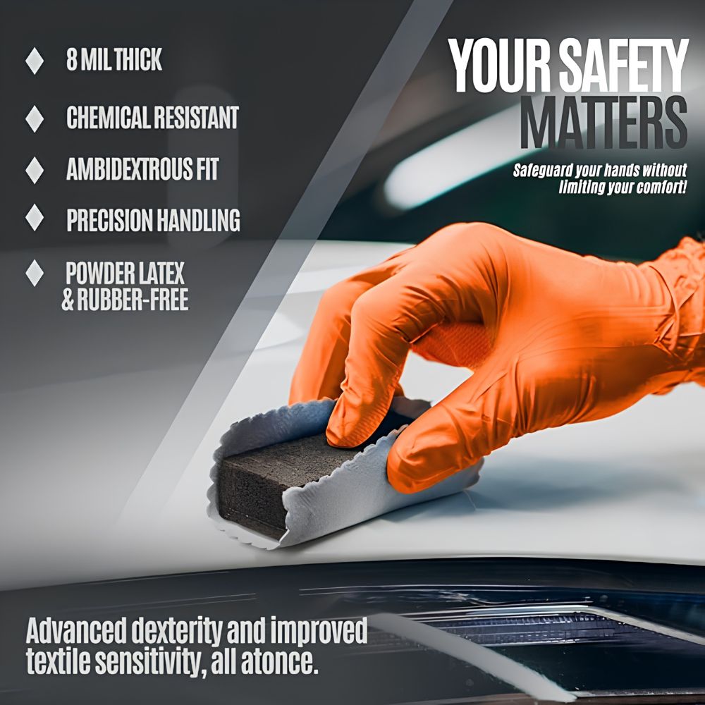 A hand in Shield Line’s MedPride Maxx Strength Nitrile Industrial Orange Gloves (8 mil) cleans a car. Ambidextrous fit, chemical resistance, and precision handling offer safety and dexterity for tough jobs.