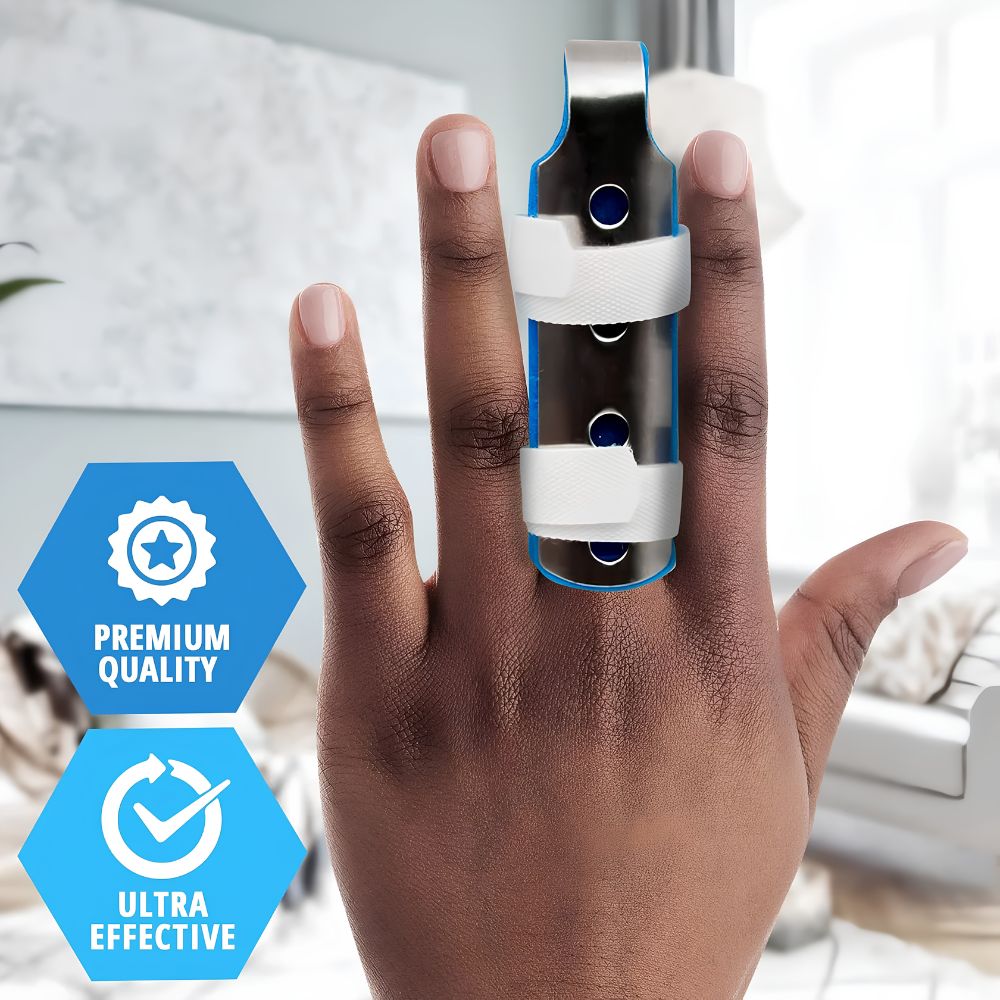 A hand wears the Shield Line MedPride Finger Splint (3 sizes, S/M/L) on the middle finger, secured with white straps—ideal for mallet finger. Icons read "Premium Quality" and "Ultra Effective" against a blurred indoor background.