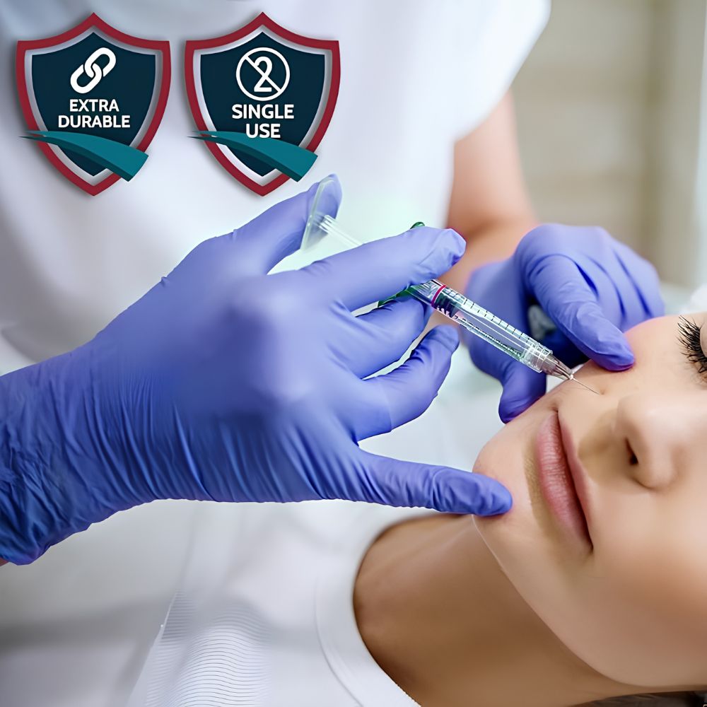 A woman relaxes as a needle is injected into her cheek by someone wearing Shield Line MedPride Nitrile Exam Gloves 4 Mil, non-sterile and powder free. Two shield icons indicate "Extra Durable" and "Single Use.