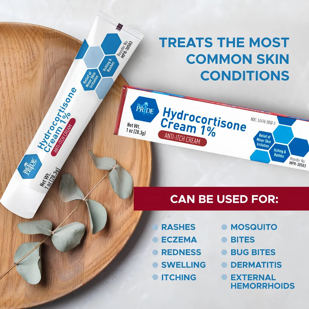 A tube of MedPride 1% Hydrocortisone Cream by Shield Line sits on a wooden surface with eucalyptus leaves. Text notes this anti-itch cream relieves rashes, eczema, redness, swelling, itching, bug bites, dermatitis, and hemorrhoids.