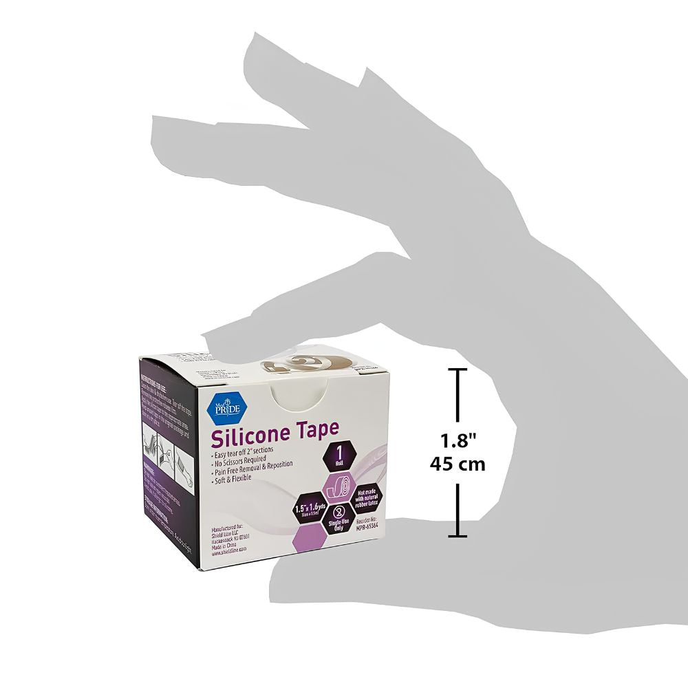 A hand silhouette holds a Shield Line MedPride Easy-Tear Silicone Gel Tape Roll (1.5" x 1.6yds) in a white box with purple accents, highlighting this medical tape for sensitive skin and displaying product details.