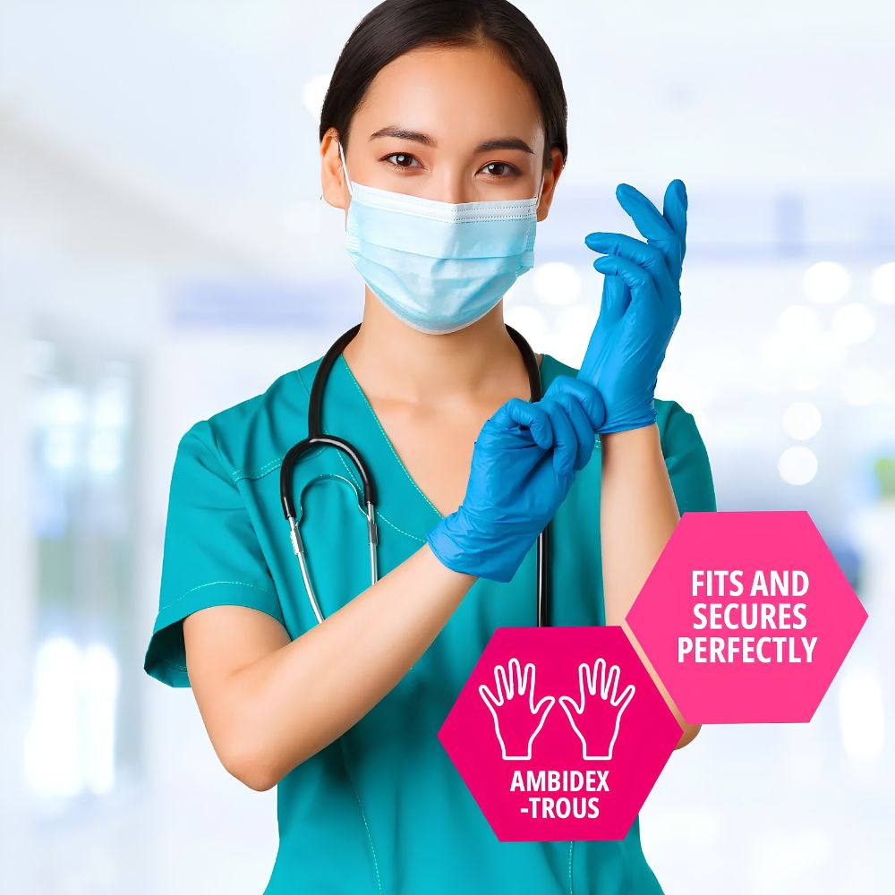 A healthcare worker in scrubs and mask wears Shield Line MedPride Nitrile Exam Gloves 4.3 Mil Thick, Non-Sterile, Powder Free. Text reads “Fits and secures perfectly” and “Ambidextrous,” with icons of gloved hands in a bright medical setting.