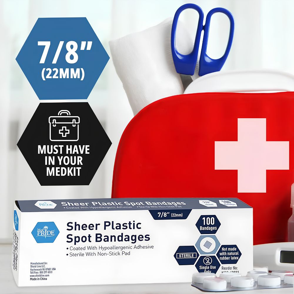 Shield Line’s MedPride Sheer Spot Adhesive Bandages (7/8” round, sterile with non-stick pad) are shown in front of a red first aid kit, scissors, and supplies. Text reads: "Must have in your medkit for minor cuts.