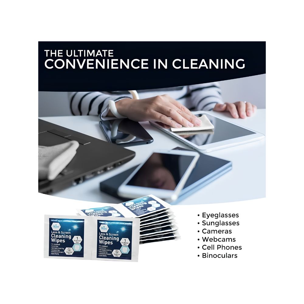 A person uses a MedPride Premoistened Lens Cleaning Wipe by Shield Line on a smartphone near a laptop and glasses. The text highlights convenience for cleaning eyeglasses, sunglasses, cameras, webcams, cell phones, and binoculars.
