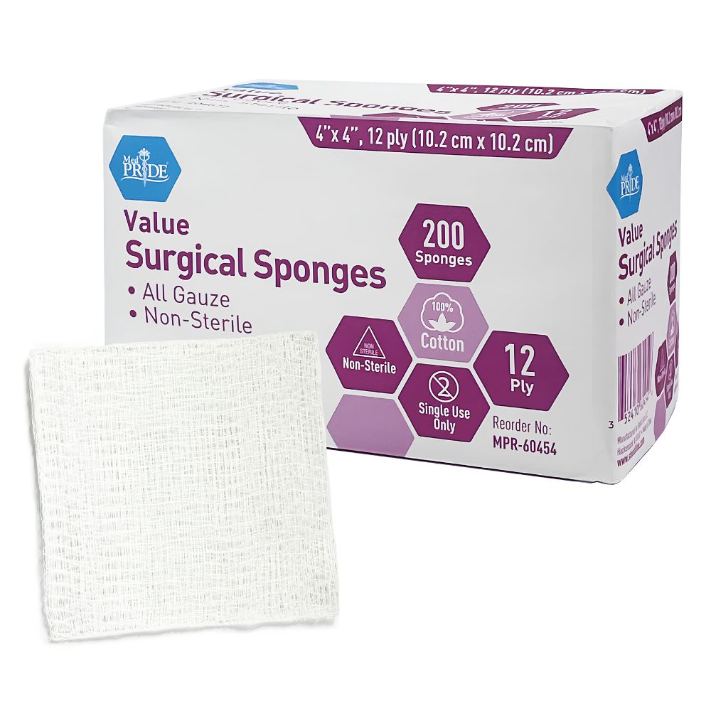 A white box labeled Shield Line MedPride Value Gauze Surgical Sponges with product info and a gauze sponge in front. Box states 200 non-sterile, 4x4, 12-ply cotton sponges for single use—ideal for wound care.