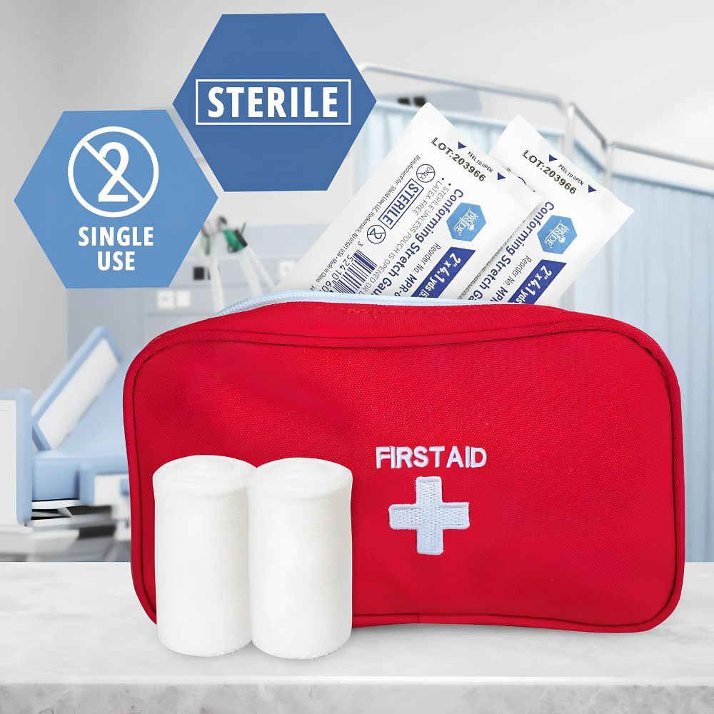 The MedPride Conforming Stretch Gauze Bandage Roll by Shield Line is shown in sterile packaging alongside a red first aid kit with white cross and "FIRST AID" text, plus rolled bandages and wipes. Blue icons indicate sterile and single-use.