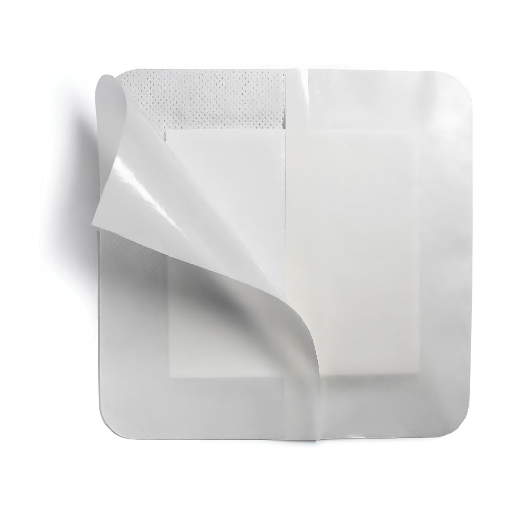 A Shield Line Medpride Waterproof Composite Dressing (4"x4" & 6"x6") is shown with its transparent film partly peeled back, exposing the central absorbent pad. Ideal for post-surgical wounds, the sterile square dressing lies on a white background.