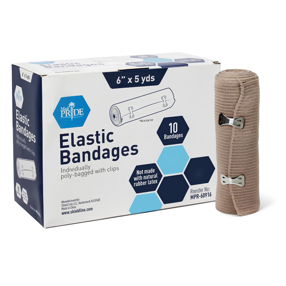 A box of Shield Line MedPride Non-Sterile Elastic Bandages with clips (2", 3", 4" & 6") is shown; it contains rolled beige bandages, not made with natural rubber latex, and offers compression support for first aid needs.