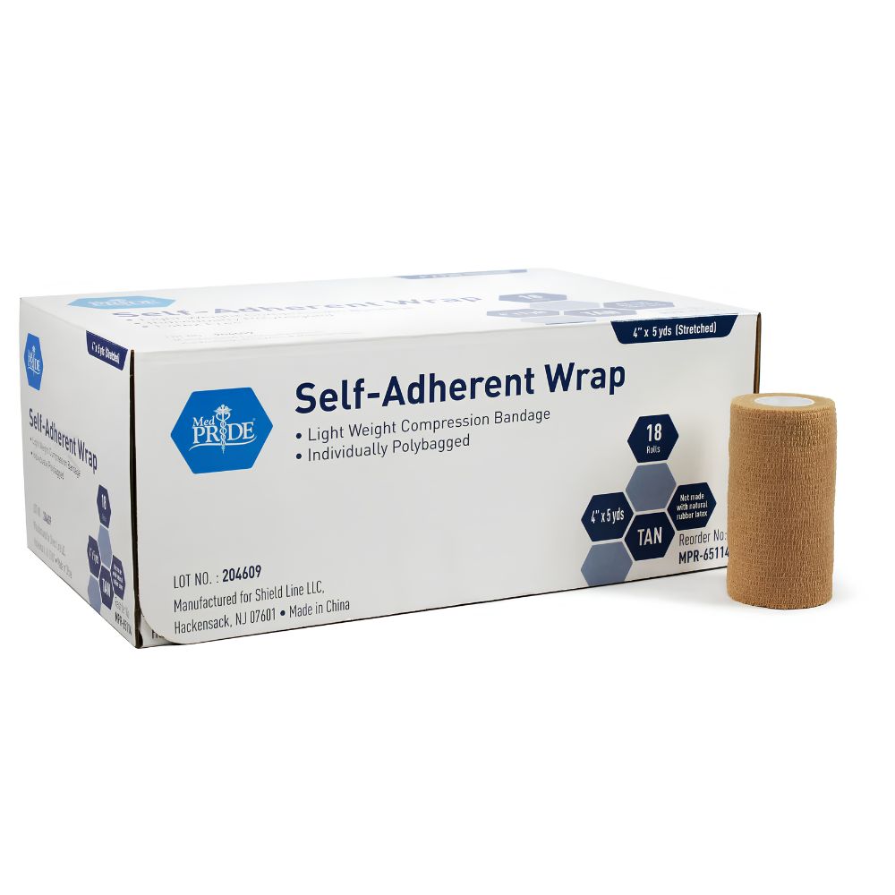 A tan Shield Line Medpride Self-Adherent Wrap box sits beside a cohesive compression roll. The latex-free wrap is available in 1–6" widths, each 5 yards long, and is designed for wound care.