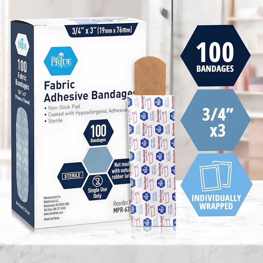 Shield Line MedPride Sterile Fabric Adhesive Bandages—3/4" x 3", 1" x 3", and 2" x 4.5" sizes—feature hypoallergenic adhesive, non-stick pads, and are individually wrapped for convenient first aid wound care.