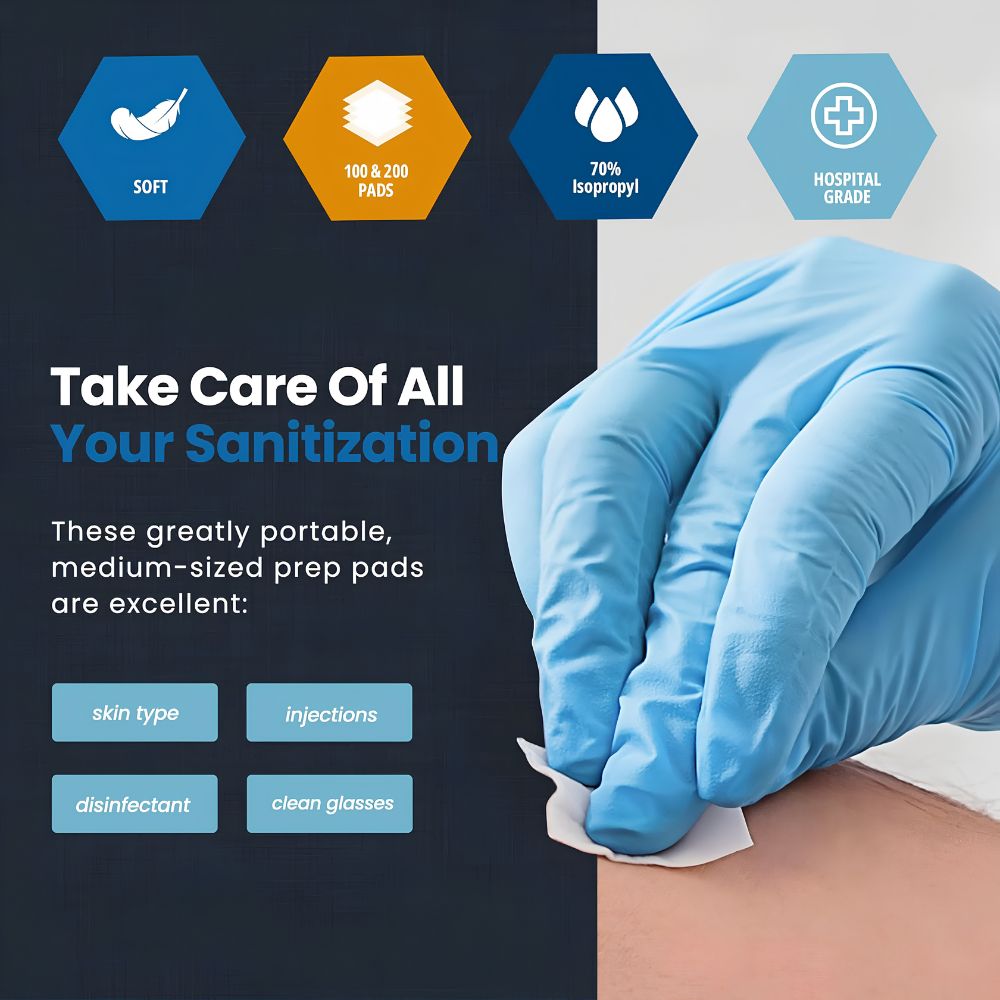 A gloved hand cleans skin with Shield Line MedPride Sterile Alcohol Prep Pads. Icons show: soft, 100–200 pads per box, 70% isopropyl alcohol, hospital-grade. Great for all skin types, injections, disinfecting, or cleaning glasses.