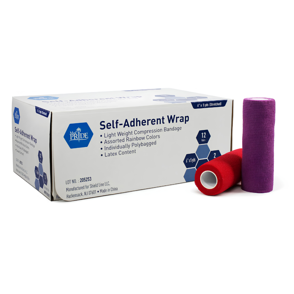 A Shield Line Medpride Self-Adherent Wrap box sits beside two latex-free, rolled bandages—one red and one purple. The box notes lightweight design, rainbow colors, and contains 12 cohesive compression bandages in varied sizes.