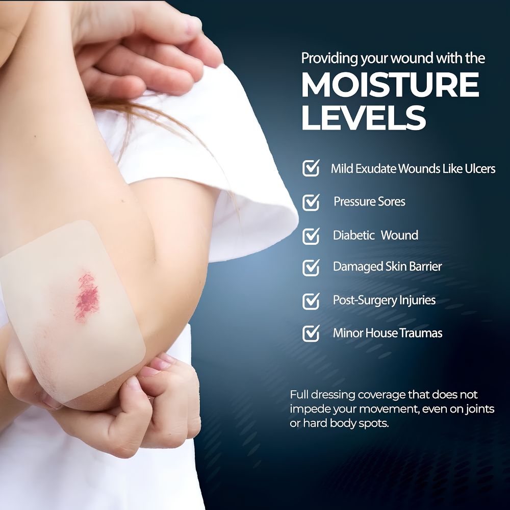 A person wears a Shield Line MedPride Transparent Film (4’’x5’’ & 6’’x8’’) on their elbow over a red wound. The dressing aids ulcers, pressure sores, diabetic wounds, damaged skin, post-surgery injuries, minor traumas, and tattoo aftercare.